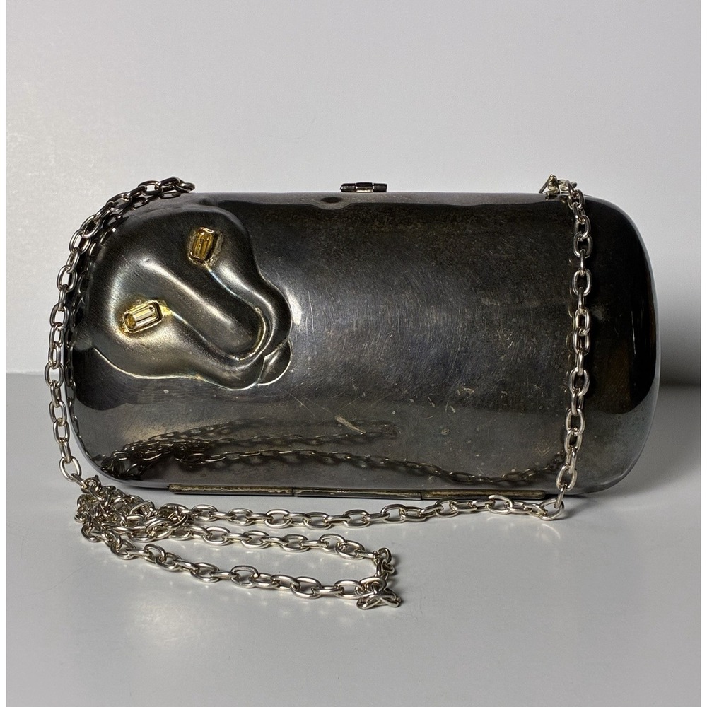 Vintage Mexican Metal Purse w/Art Deco Gem Eyed Panther, Velvet, Chain Strap